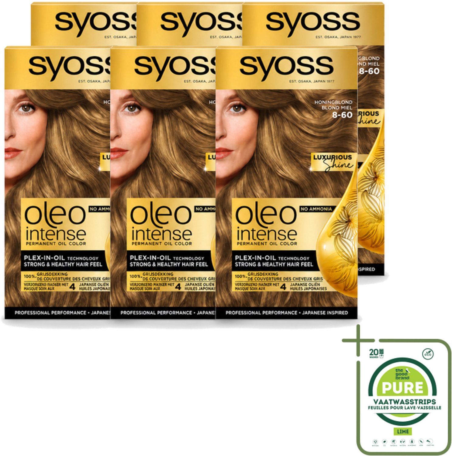 6 x SYOSS - Oleo Intense 8-60 Honing Blond - Haarverf - Zonder Ammoniak - Grijsdekking - Langdurige Kleur - Grootverpakking - Vaatwasstrips - Haarkleuring - Haarkleur - Haarverf - Haarverzorging - Olieformule