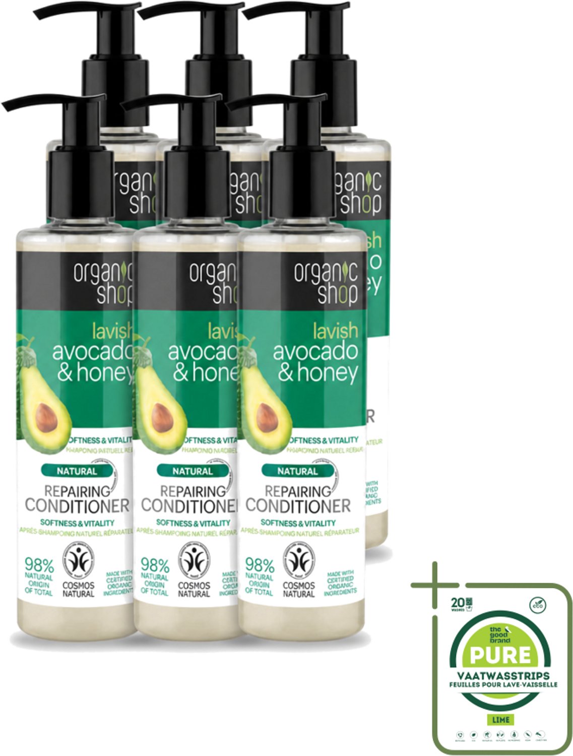 6 x Organic Shop - Natural Repairing Conditioner - Avocado & Honey - 280 ml - Grootverpakking - Vaatwasstrips - Herstel Haar - Natuurlijke Conditioner - Avocado En Honing - Droog Haar - Beschadigd Haar
