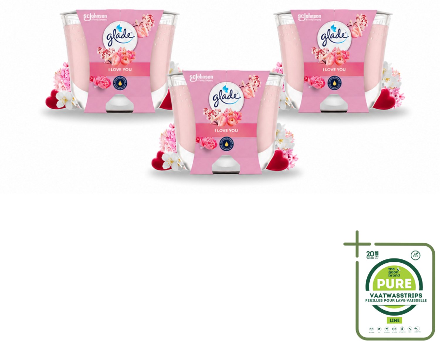 Glade 3 x Glade - Geurkaars I Love You - 100% Raapzaadwas - 204 g - Grootverpakking - Vaatwasstrips - Geurkaars - Romantische Geur - Bloemen Geur - Perzik Geur - Meloen Geur roze