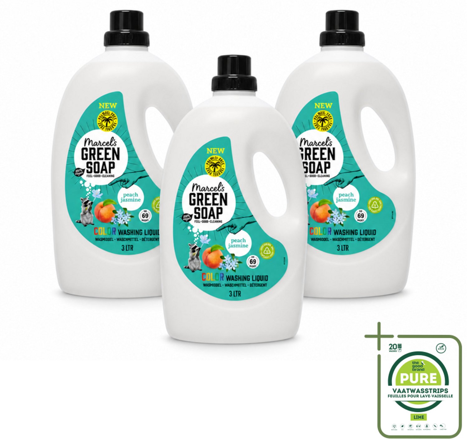 3 x Marcel's Green Soap - Vloeibaar Wasmiddel - Kleurwas - Perzik & Jasmijn - Natuurlijk & effectief - 69 wasbeurten - 3 liter - Grootverpakking - Vloeibaar Wasmiddel - Gekleurd Was - Duurzaam Wasmiddel - Palmolievrij - Biologisch Afbreekbaar