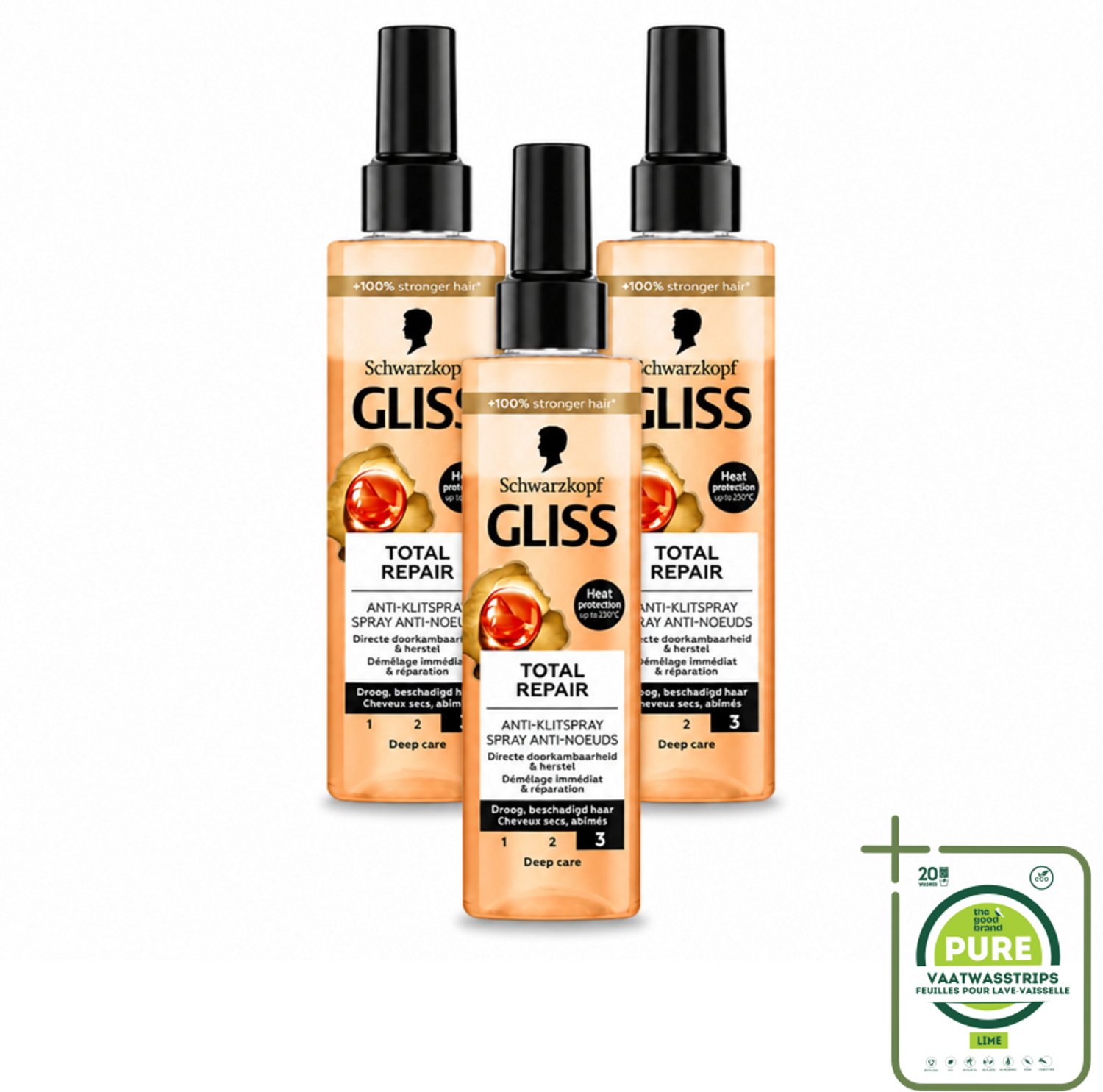 3 x Gliss - Total Repair Anti-Klit Spray - Voor Beschadigd en Droog Haar - 200 ml - Grootverpakking - Haarkleur - Haarherstel - Haarbescherming - Klitten - Hittebescherming