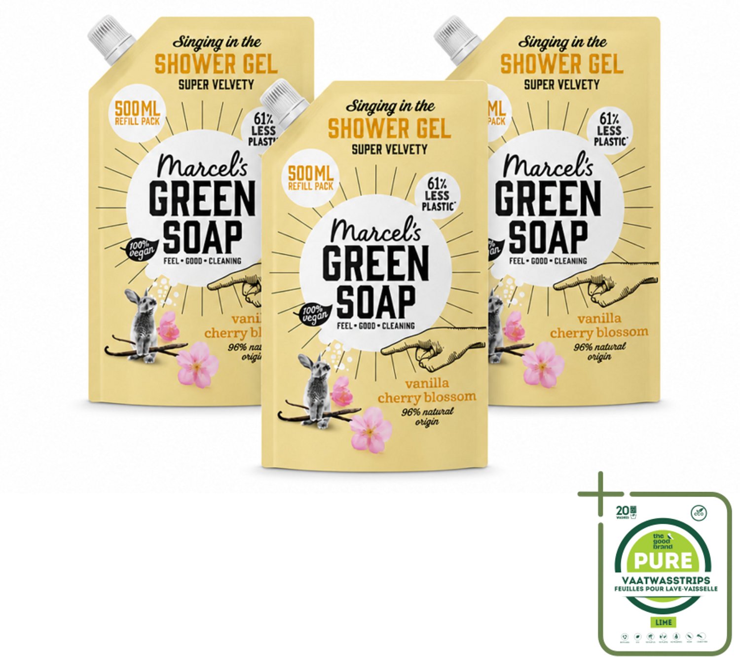 3 x Marcel's Green Soap - Shower Gel - Navulling - Vanille & Kersenbloesem - Krachtige werking - 500 ml - Grootverpakking - Vaatwasstrips - Douchegel - Natuurlijke Douchegel - Ecologische Douchegel - Vegan Douchegel - Biologische Douchegel