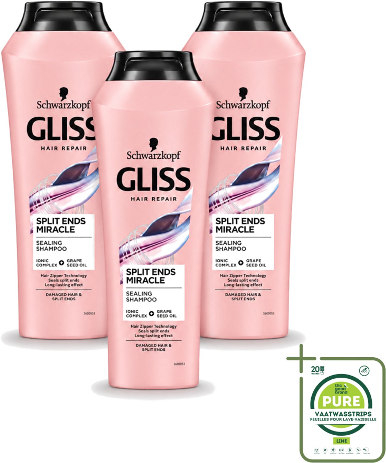 3 x Gliss - Shampoo - Split Hair Miracle - Voor Beschadigd Haar - 250 ml - Grootverpakking - Vaatwasstrips - Gespleten Haarpunten - Haarherstel - Beschadigd Haar - Droog Haar - Haarverzorging