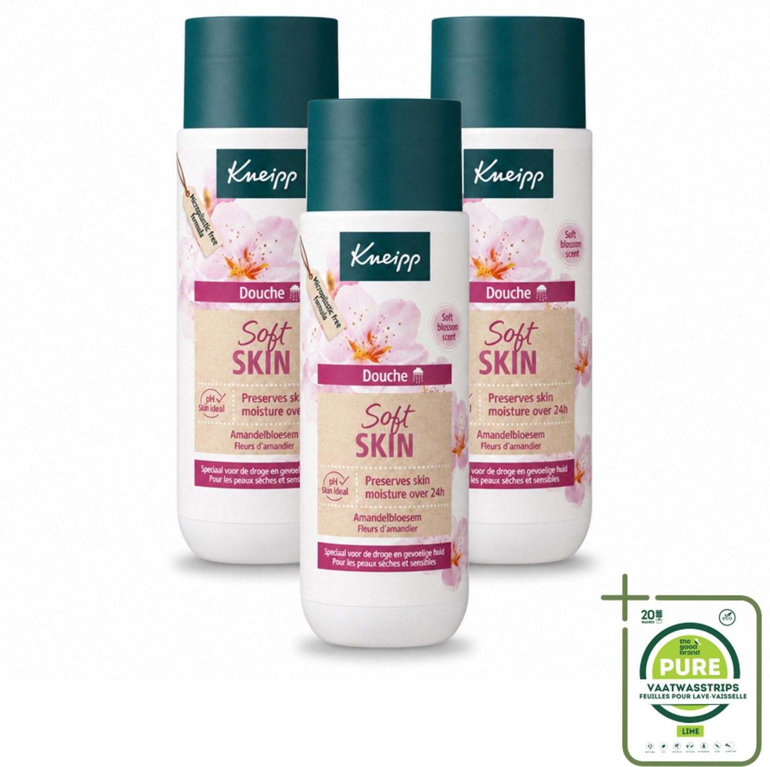 3 x Kneipp - Douchegel - Soft Skin - Amandelbloesem - 200 ml - Grootverpakking - Vaatwasstrips - Droge Huid - Gevoelige Huid - Douchegel - Amandelolie - Sheabutter