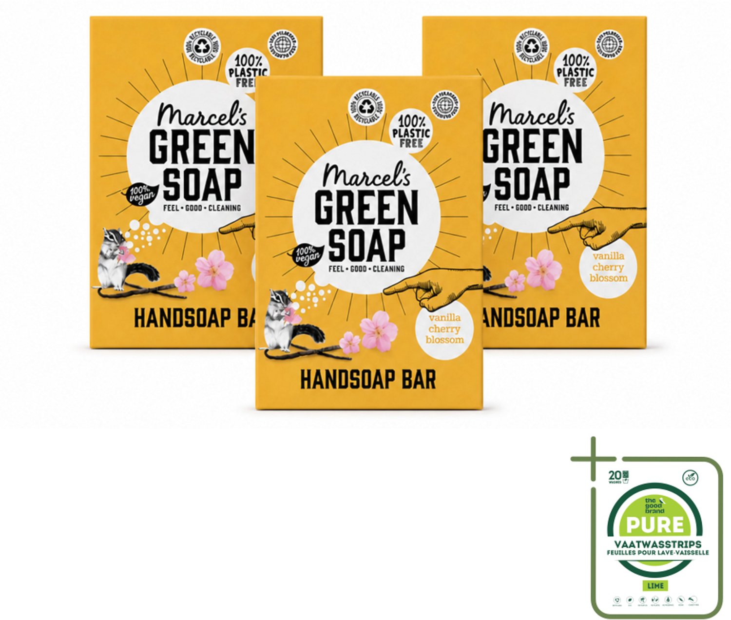 3 x Marcel's Green Soap - Handzeep Bar - Vanille & Cherry Blossom - Krachtige werking - 90 gr - Grootverpakking - Vaatwasstrips - Handzeep Bar - Plasticvrije Handzeep - Vegan Handzeep - Natuurlijke Handzeep - Duurzame Handzeep