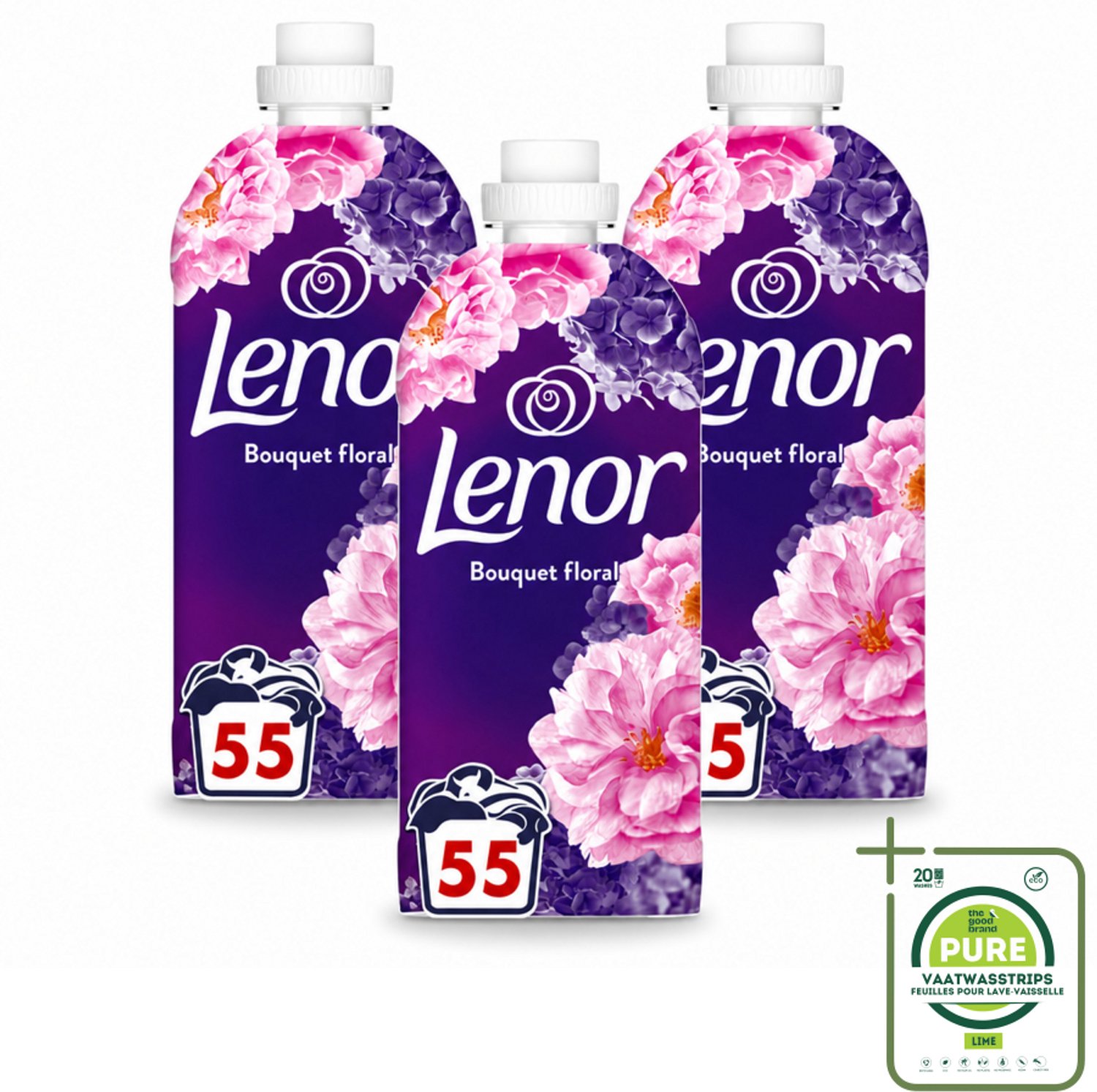 3 x Lenor - Wasverzachter - Bloemenboeket - Fris & Zacht - 55 Wasbeurten - Grootverpakking - Vaatwasstrips - Wasverzachter Bloemen - Frisse Geur - Ontspanning - Bloemige Geur - Saffraan