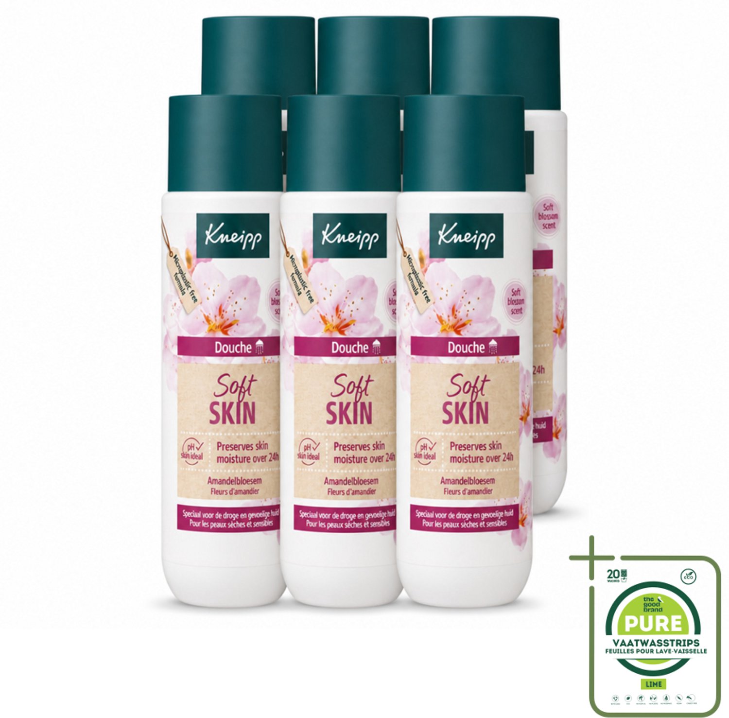 6 x Kneipp - Douchegel - Soft Skin - Amandelbloesem - 200 ml - Grootverpakking - Vaatwasstrips - Droge Huid - Gevoelige Huid - Douchegel - Amandelolie - Sheabutter