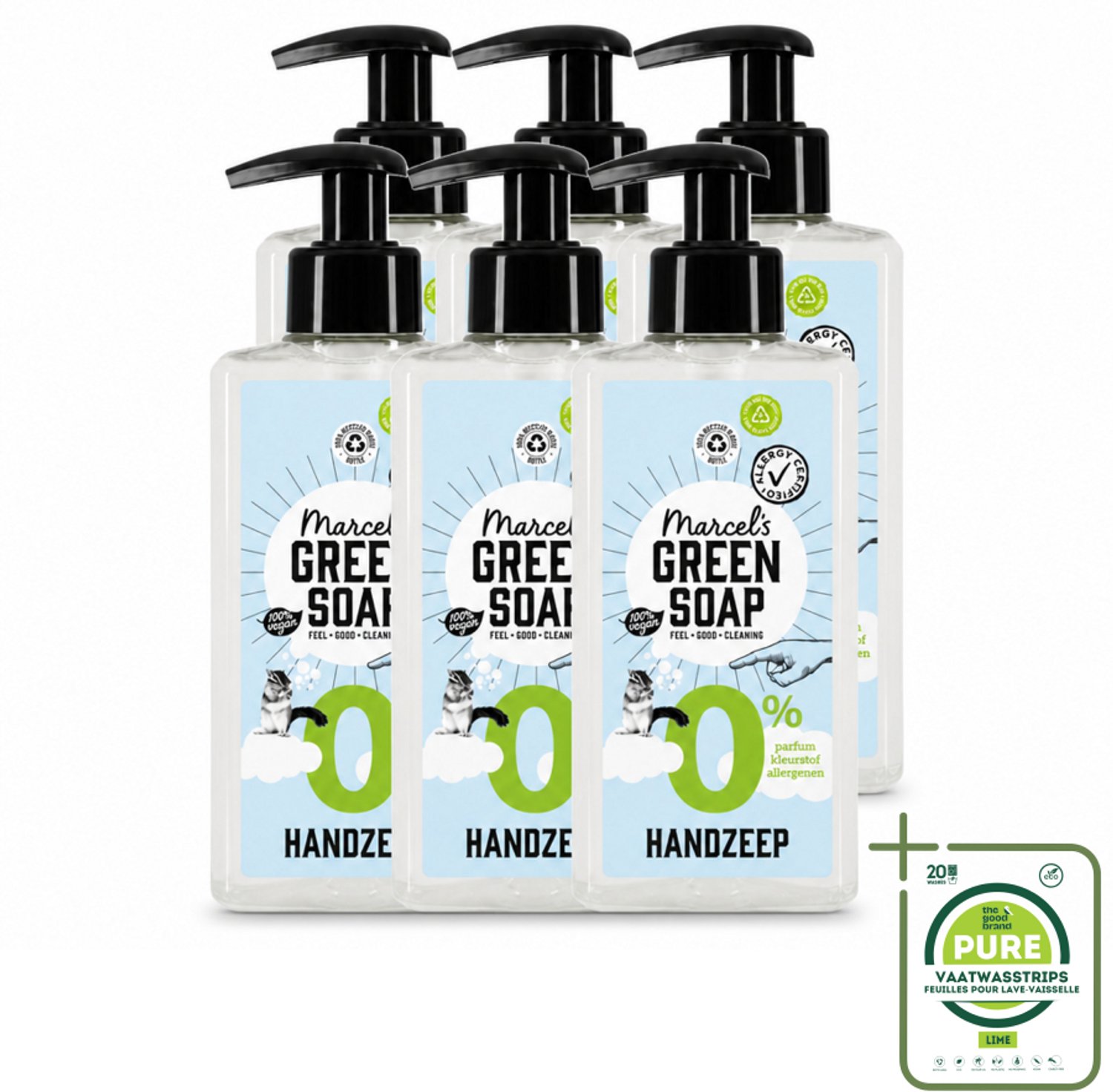 6 x Marcel's Green Soap - Handzeep 0% - Zachte verzorging - 250 ml - Grootverpakking - Vaatwasstrips - Handzeep 0% - Gevoelige Huid - Milde Handzeep - Plantaardige Glycerine - Allergiegecertificeerd