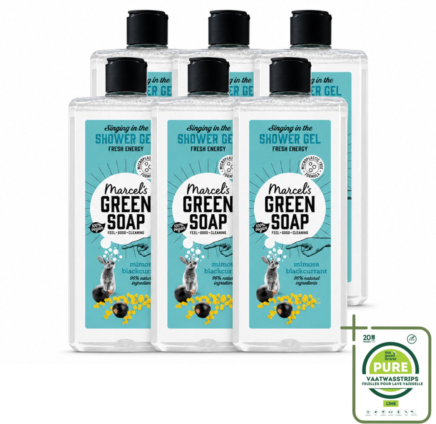 6 x Marcel's Green Soap - Douchegel - Mimosa & Zwarte Bes - Verzorgend & zacht - 300 ml - Grootverpakking - Vaatwasstrips - Douchegel - Natuurlijke Douchegel - Ecologische Douchegel - Vegan Douchegel - Mimosa Douchegel