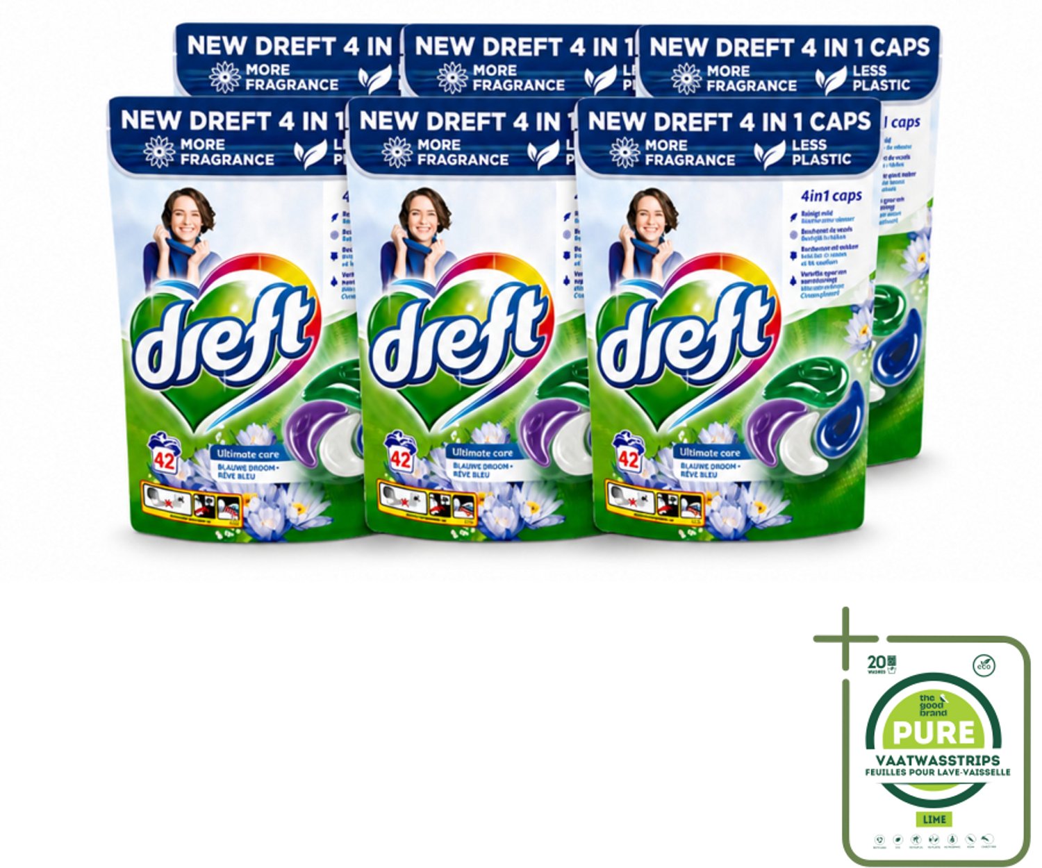 6 x Dreft - Wasmiddelcapsules - 4-in-1 Blue Dream - Krachtige waskracht - 42 Wasbeurten - Grootverpakking - Vaatwasstrips - Wasmiddel - Wasmachine - Wascapsules - Frisheid - Kleurbescherming