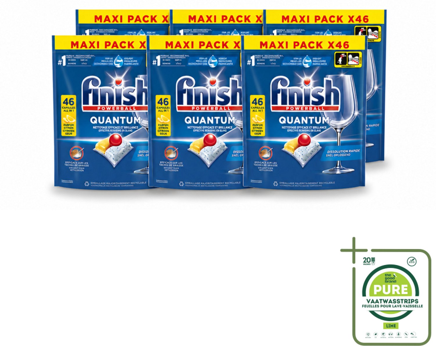 6 x Finish - Vaatwasmiddel - Quantum Vaatwastabletten Citroen - Diepe Reiniging & Frisheid - 46 capsules - Grootverpakking - Vaatwastabletten - Diepe Reiniging - Citroengeur - Glans - Kalkaanslag