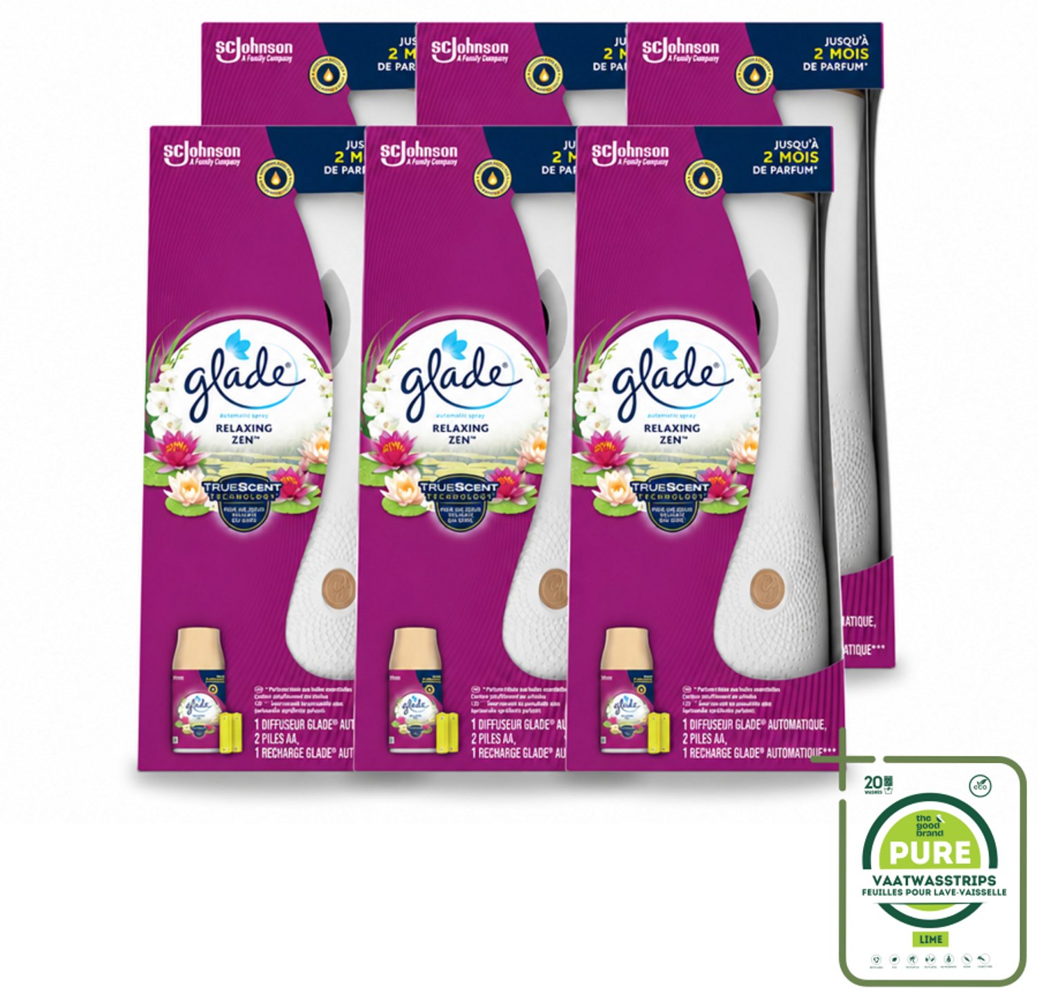 6 x Glade - Automatische Spray - Relaxing Zen - 269 ml - Grootverpakking - Vaatwasstrips - Automatische Geurverfrisser - Rustgevende Geur - Frisse Geur - Ontspannen Sfeer - Huisverfrissend