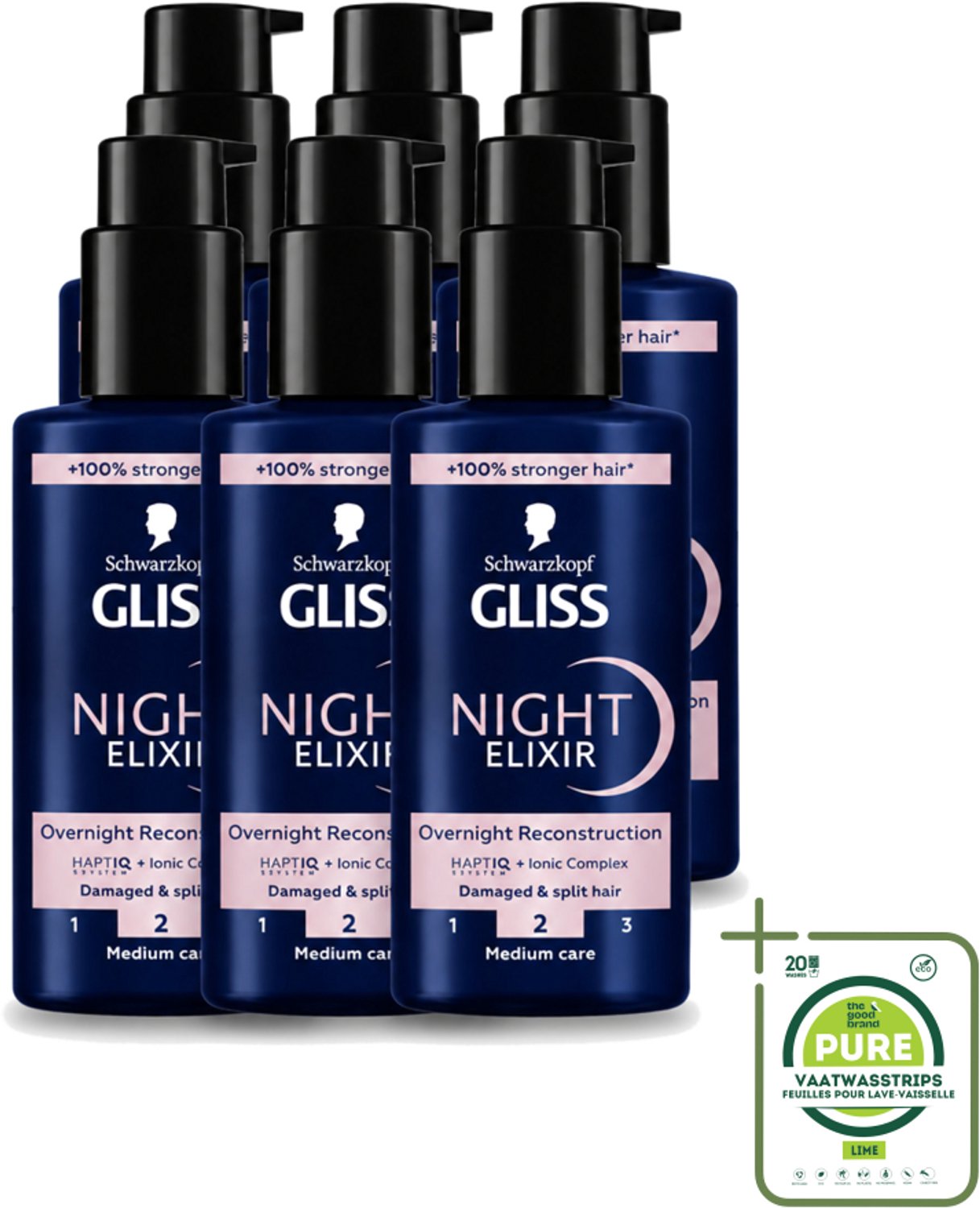 6 x Gliss - Haarserum - Night Elixer Overnight Reconstruction - Tegen Gespleten Haarpunten - 100 ml - Grootverpakking - Vaatwasstrips - Haarschade - Gespleten Haarpunten - Nachtserum - Haarherstel - Haarverzorging