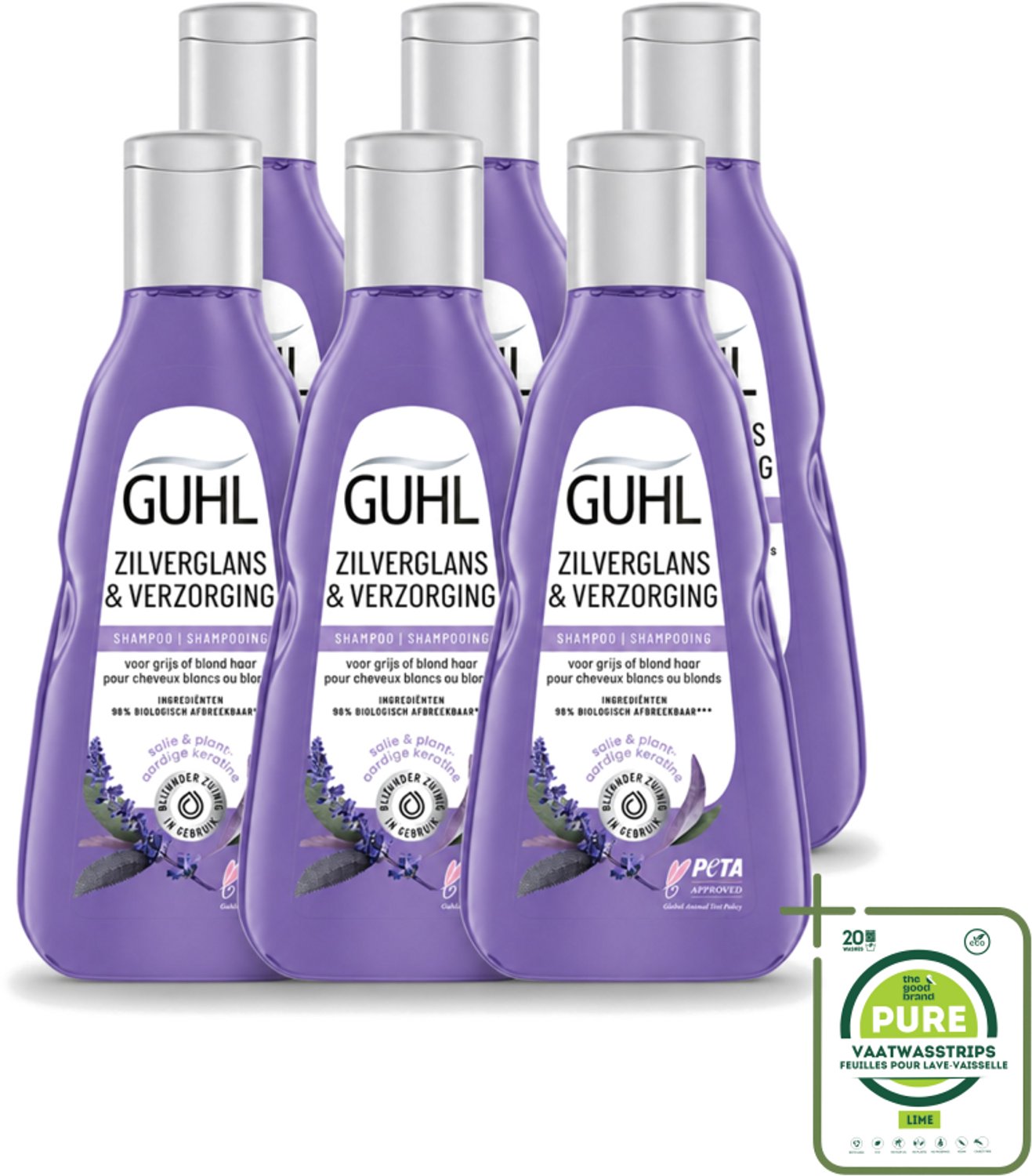 6 x Guhl - Shampoo - Zilverglans & Verzorging - 250 ml - Grootverpakking - Vaatwasstrips - Zilverglans Shampoo - Anti-geel Effect - Grijs Haar Verzorging - Blond Haar Verzorging - Haarkleur Verlichten