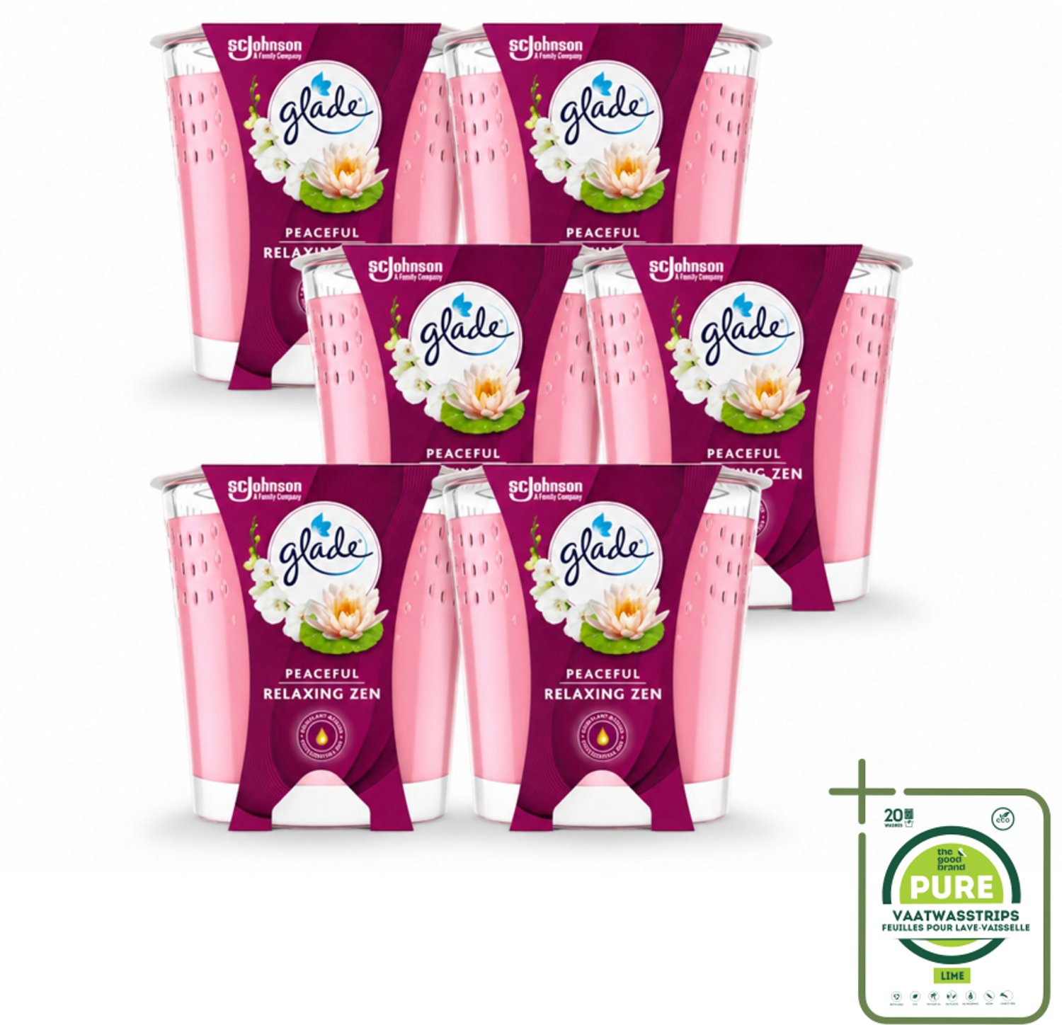 6 x Glade - Geurkaars Relaxing Zen - 100% Raapzaadwas - 112 g - Grootverpakking - Vaatwasstrips - Geurkaars Rust - Geurkaars Ontspanning - Geurkaars Zen - Geurkaars Natuurlijk - Geurkaars Vegan