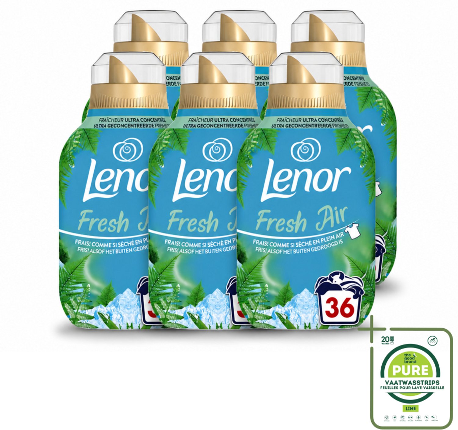 6 x Lenor - Wasverzachter - Fresh Air Noorderlicht - Ultra Geconcentreerd - 36 Wasbeurten - Grootverpakking - Vaatwasstrips - Wasverzachter - Frisheid - Citrus - Zeelucht - Boterbloem