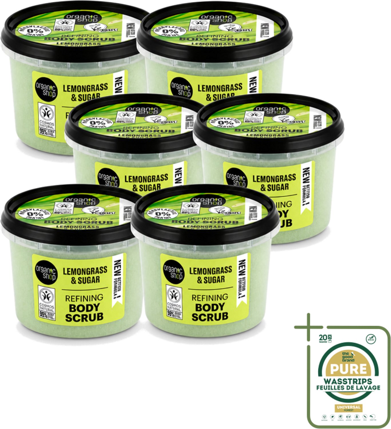 6 x Organic Shop - Body Scrub Lemongrass - Verfrissend en Verzorgend - 250 ml - Wasstrips - Bodyscrub - Huidpeeling - Citroengrasolie - Natuurlijke Huidverzorging - Exfoliatie