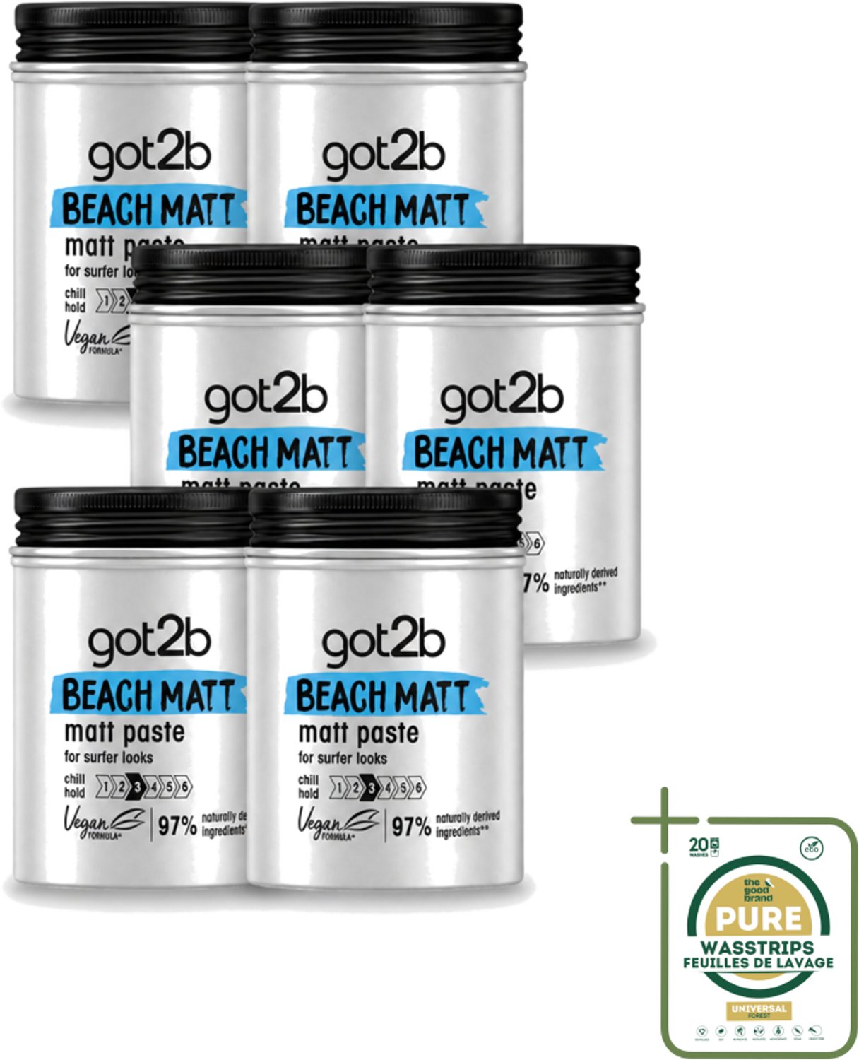 6 x Got2B - Styling Paste - Beach Matt - 100 ml - Wasstrips - Beach Look - Matte Styling Paste - Surfer Look - Natuurlijke Styling Paste - Vegan Styling Paste