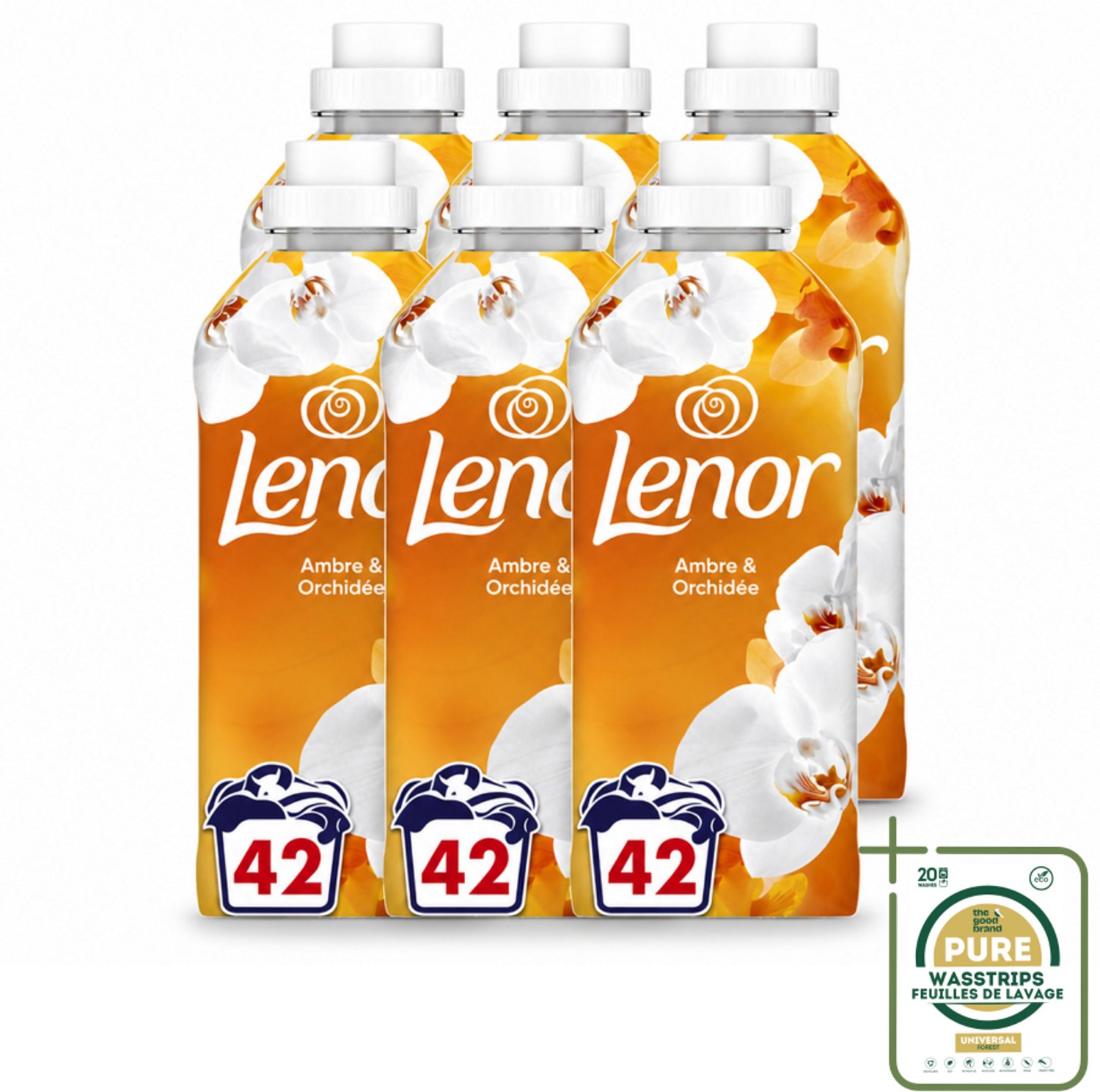 6 x Lenor - Wasverzachter - Amber & Orchidee - Fris & Zacht - 42 Wasbeurten - Wasstrips - Wasverzachter - Fris - Ontspannen - Geur - Wasgeur