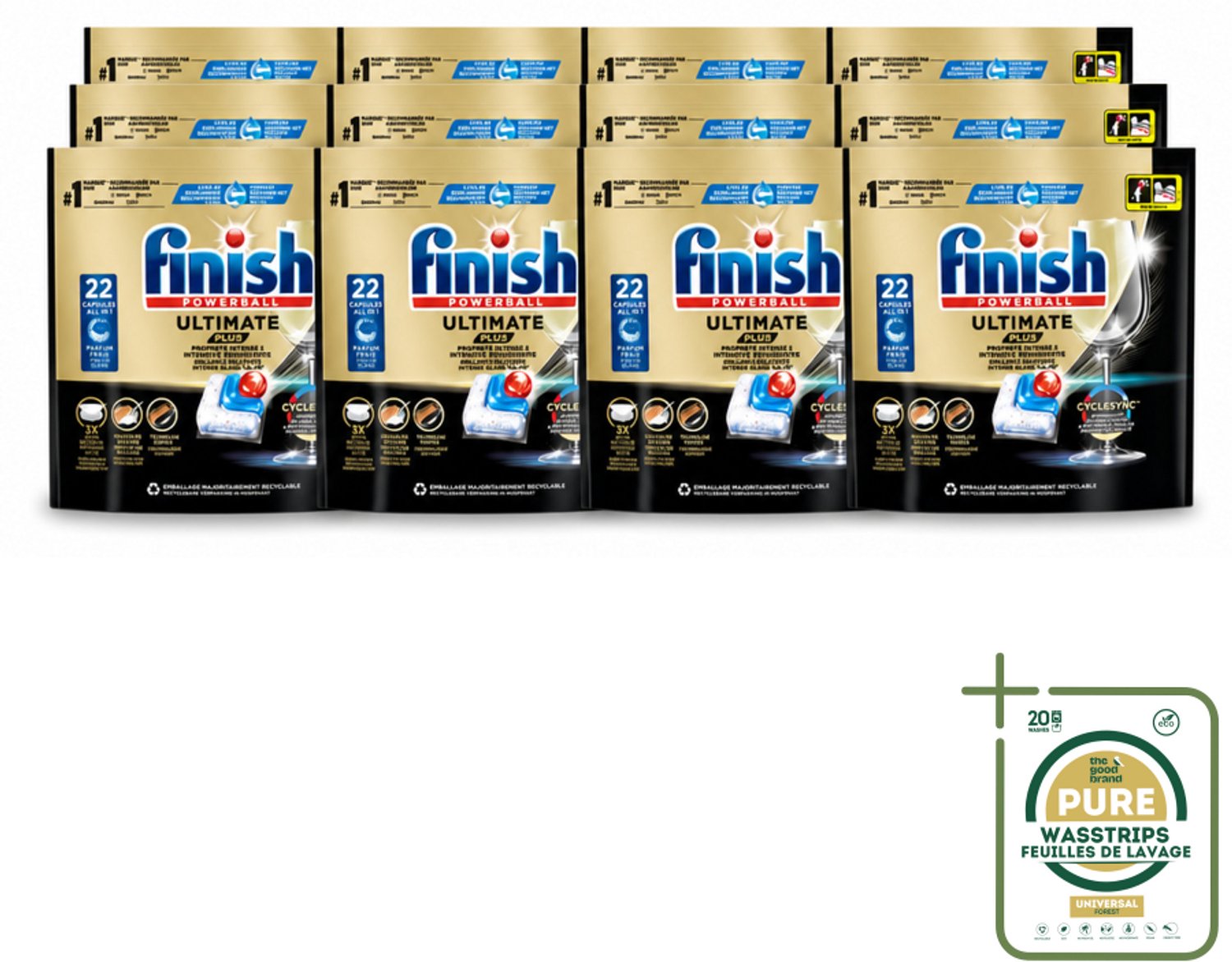 12 x Finish - Vaatwasmiddel - Ultimate Plus Vaatwastabletten Regular - Krachtige Alles-in-1 Reiniging - 22 capsules - Wasstrips - Vaatwasmiddel - Vaatwastablet - Reinigingsmiddel - Glans - Vaatwas