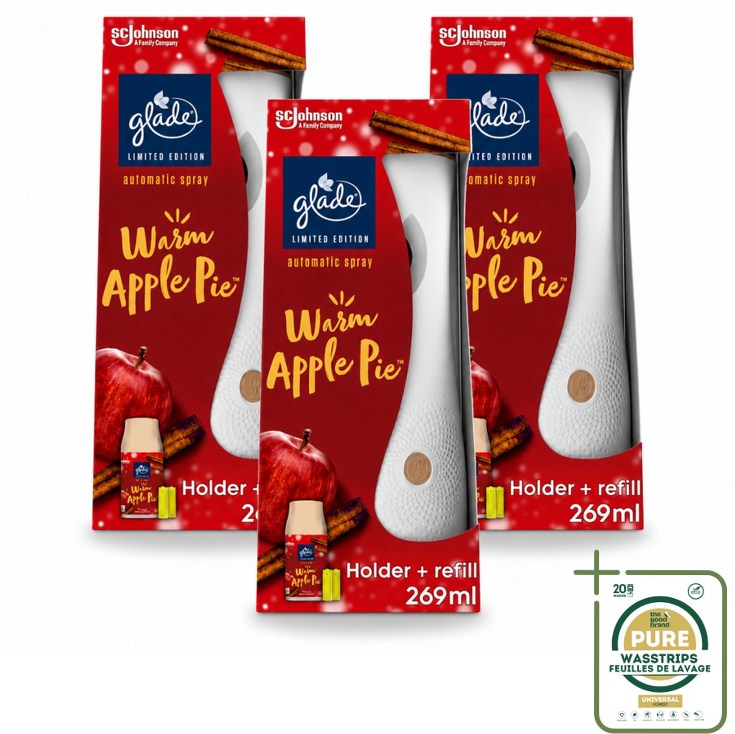 3 x Glade - Houder Automatische Spray - Warme Appeltaart Limited Edition - 269 ml - Wasstrips - Automatische Luchtverfrisser - Warme Appelgeur - Geur Van Warme Appeltaart - Huisgeur - Geur In Huis