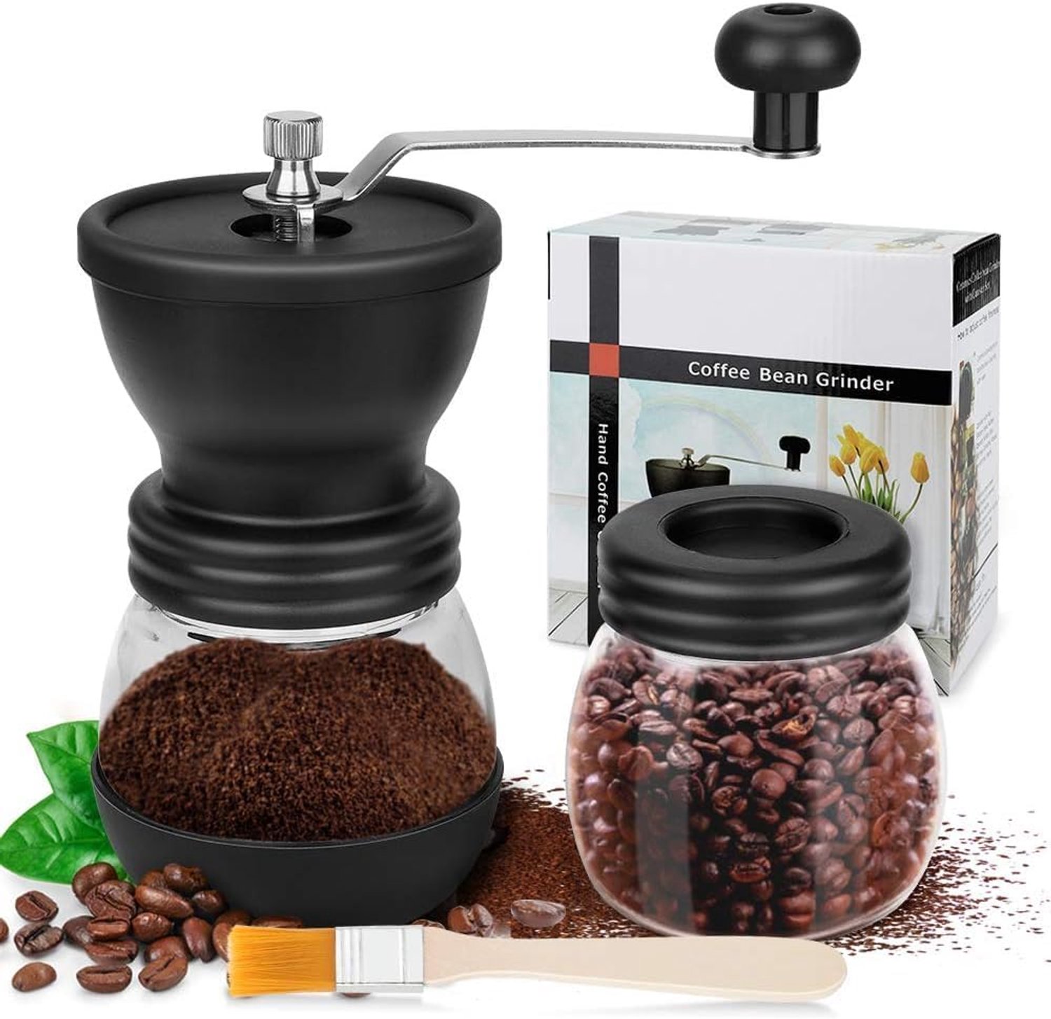 Handkoffiemolen, set van 2, roestvrij staal en glas, met keramische molen, traploos instelbaar, met reinigingsborstel, ideaal voor koffie, espresso, Franse pers en bovenop