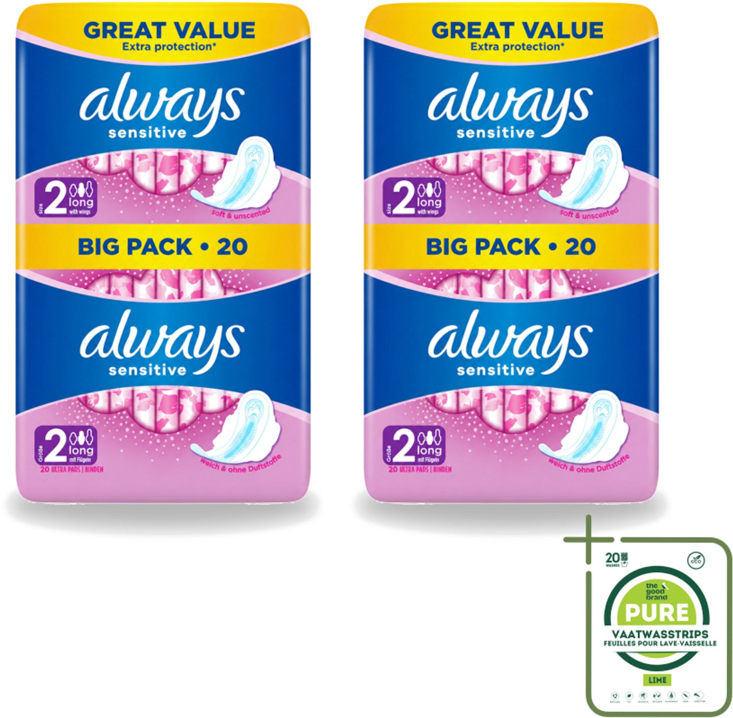 2 x Always - Maandverband - Long - Sensitive - 20 Maandverband - Grootverpakking - Vaatwasstrips - Maandverband - Menstruatie - Gevoelige Huid - Zachte Maandverband - Long Maandverband
