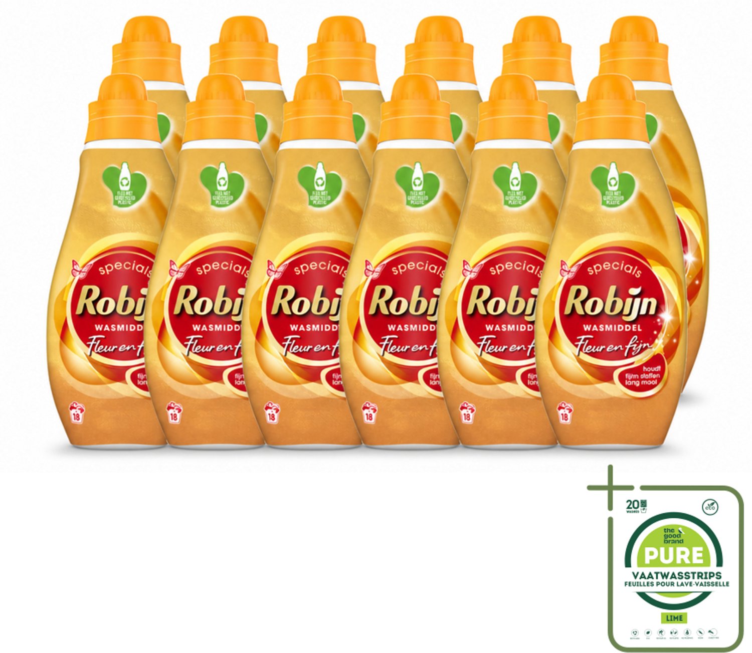 12 x Robijn Specials - Fleur & Fijn - Vloeibaar Wasmiddel - 18 Wasbeurten - Grootverpakking - Vaatwasstrips - Fijne Was - Wasmiddel - Kleurbehoud - Delicate Stoffen - Biologisch Afbreekbaar