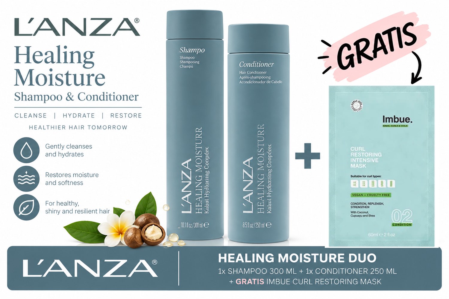 L’ANZA Healing Moisture Shampoo & Conditioner Duo + Gratis Imbue Masker