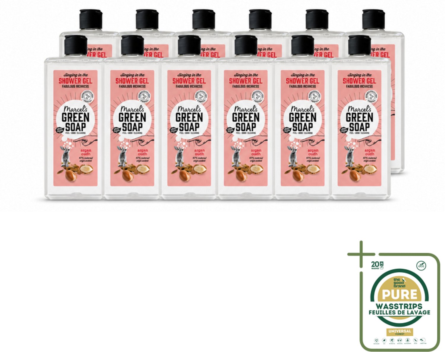 12 x Marcel's Green Soap - Douchegel - Argan & Oudh - Verzorgend & zacht - 300 ml - Wasstrips - Douchegel - Argan En Oudh - Natuurlijke Douchegel - Verzorgende Douchegel - Vegan Douchegel