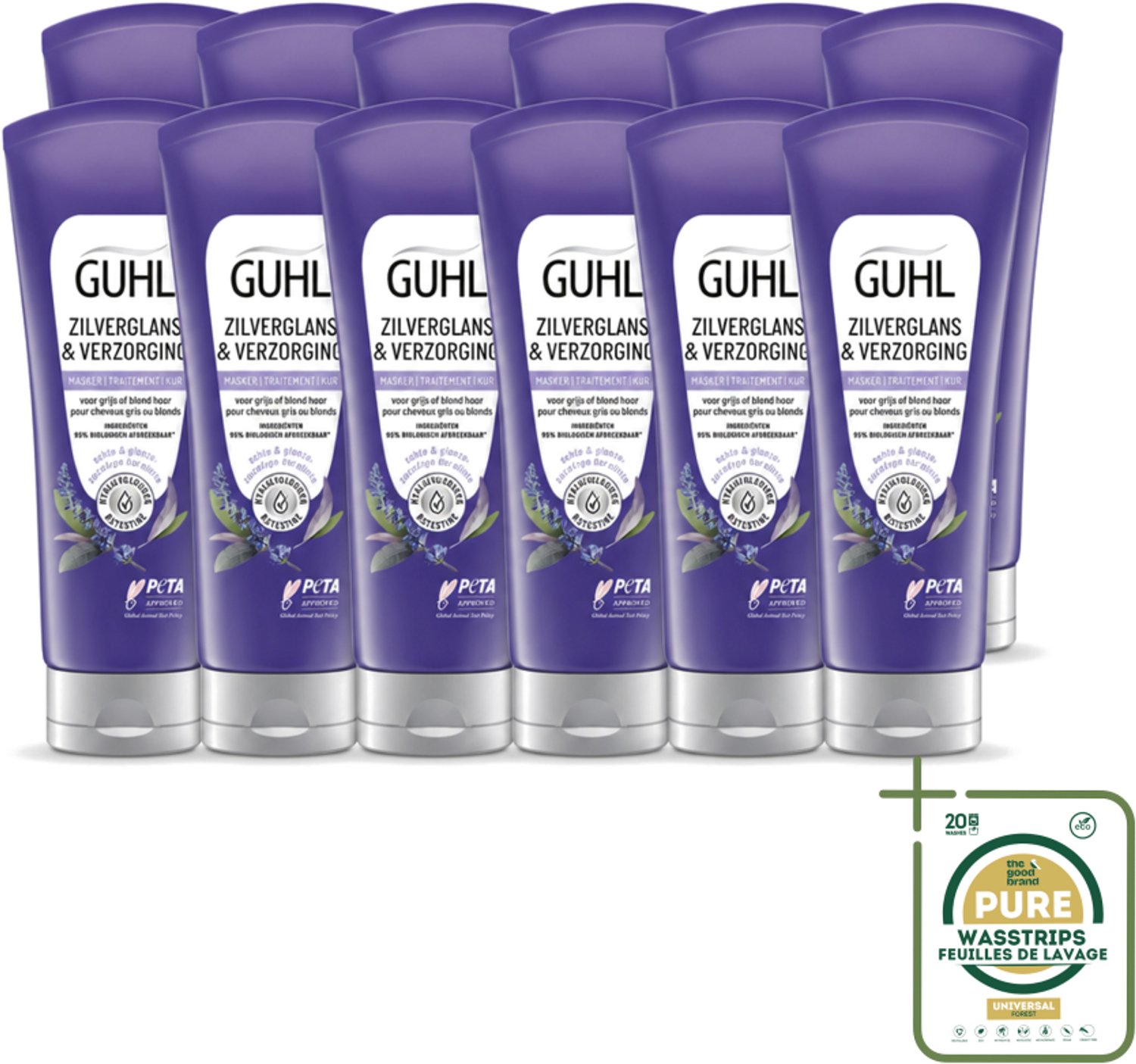 12 x Guhl - Haarmasker - Zilverglans & Verzorging Anti-Geel - 200 ml - Wasstrips - Haarmasker - Geelheid Neutraliseren - Blond Haar - Grijs Haar - Haar Verzorging