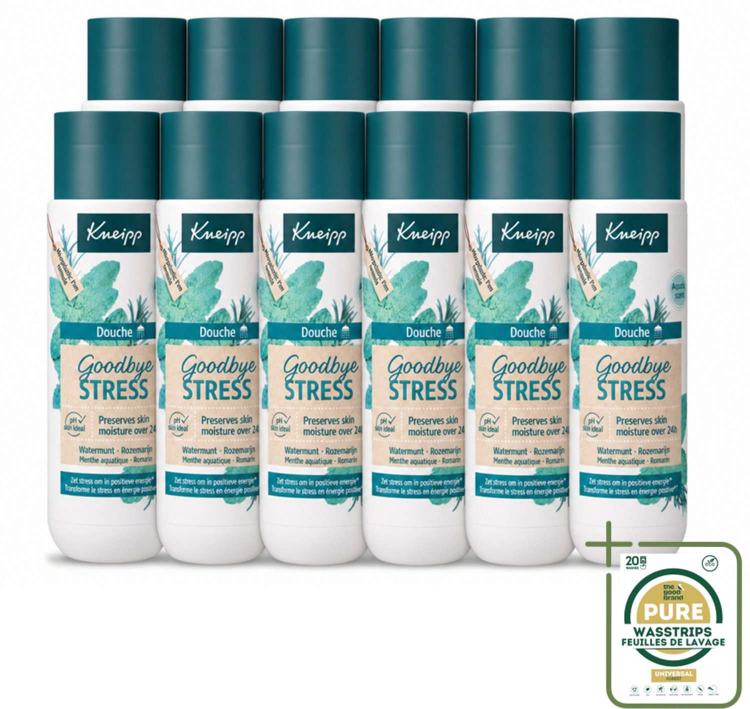 12 x Kneipp - Douchegel - Goodbye Stress - 200 ml - Wasstrips - Douchegel Stressverlichting - Stressverlichtende Douchegel - Watermunt En Rozemarijn - Energie Opvoeren - Natuurlijke Douchegel