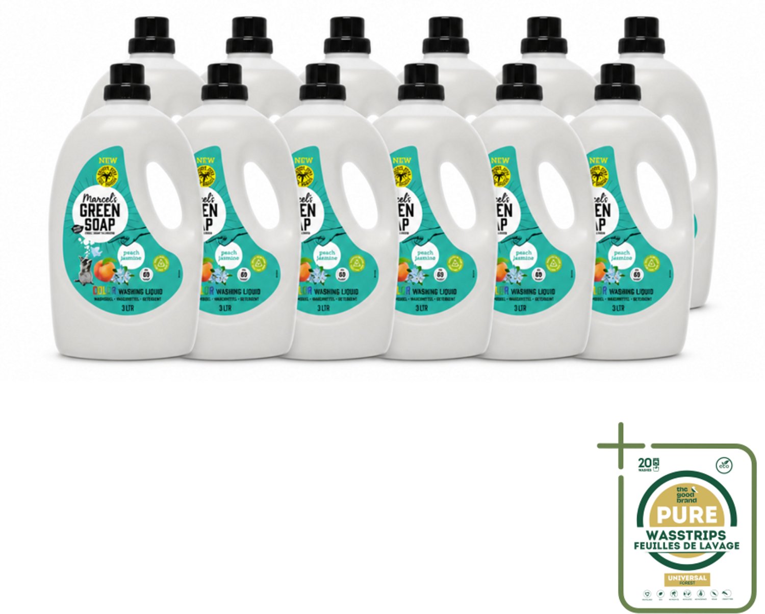 12 x Marcel's Green Soap - Vloeibaar Wasmiddel - Kleurwas - Perzik & Jasmijn - Natuurlijk & effectief - 69 wasbeurten - 3 liter - Wasstrips - Vloeibaar Wasmiddel - Geel Wasmiddel - Geur Wasmiddel - Gezond Wasmiddel - Duurzaam Wasmiddel