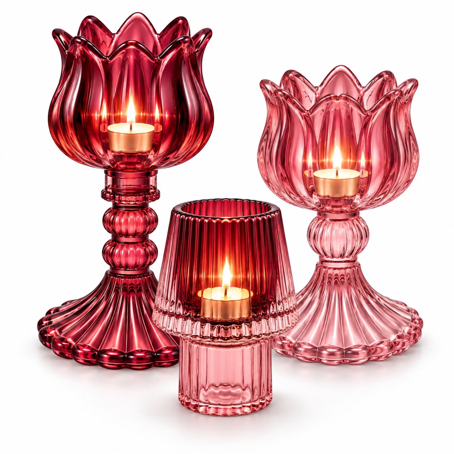 WinQ -Waxinelichthouders S/3-Glaskandelaren in Bordeaux met Pink