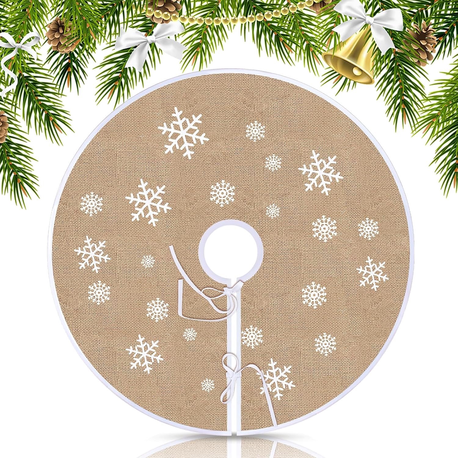 Ronde Kerstboomdeken van Linnen met Sneeuwvlokkenprint, Decoratieve Kerstboomrok en Warmte voor de Feestdagen