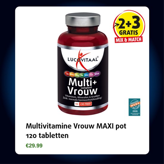 Lucovitaal Multi+ Compleet Vrouw multivitamine pot met 2+3 GRATIS sticker.