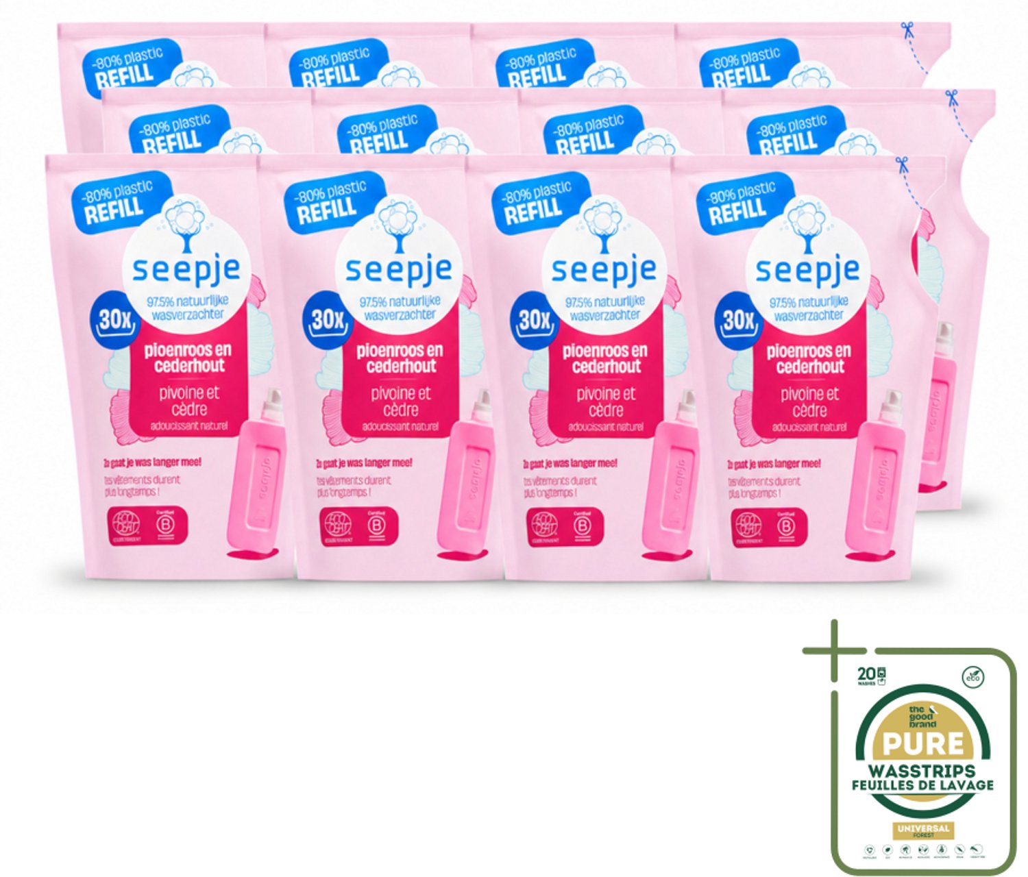12 x Seepje - Wasverzachter - Duurzaam & Frisse Geur - Navulling - Pioenroos en Cederhout - 30 Wasbeurten - 750 ml - Wasstrips - Wasverzachter - Natuurlijke Wasverzachter - Pioenroos En Cederhout - Wasverzachter Navulling - Duurzaam Wasverzachter