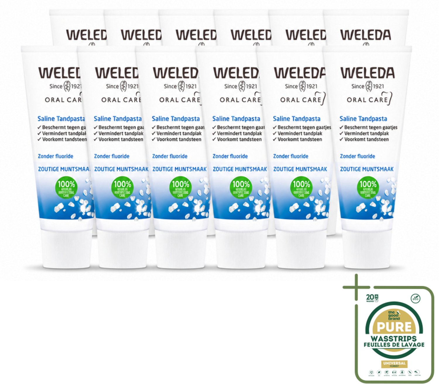 12 x WELEDA - Tandpasta Saline - 75ml - Wasstrips - Tandpasta Saline - Mondgezondheid - Tandplak Voorkomen - Tandsteen Voorkomen - Natuurlijke Tandpasta