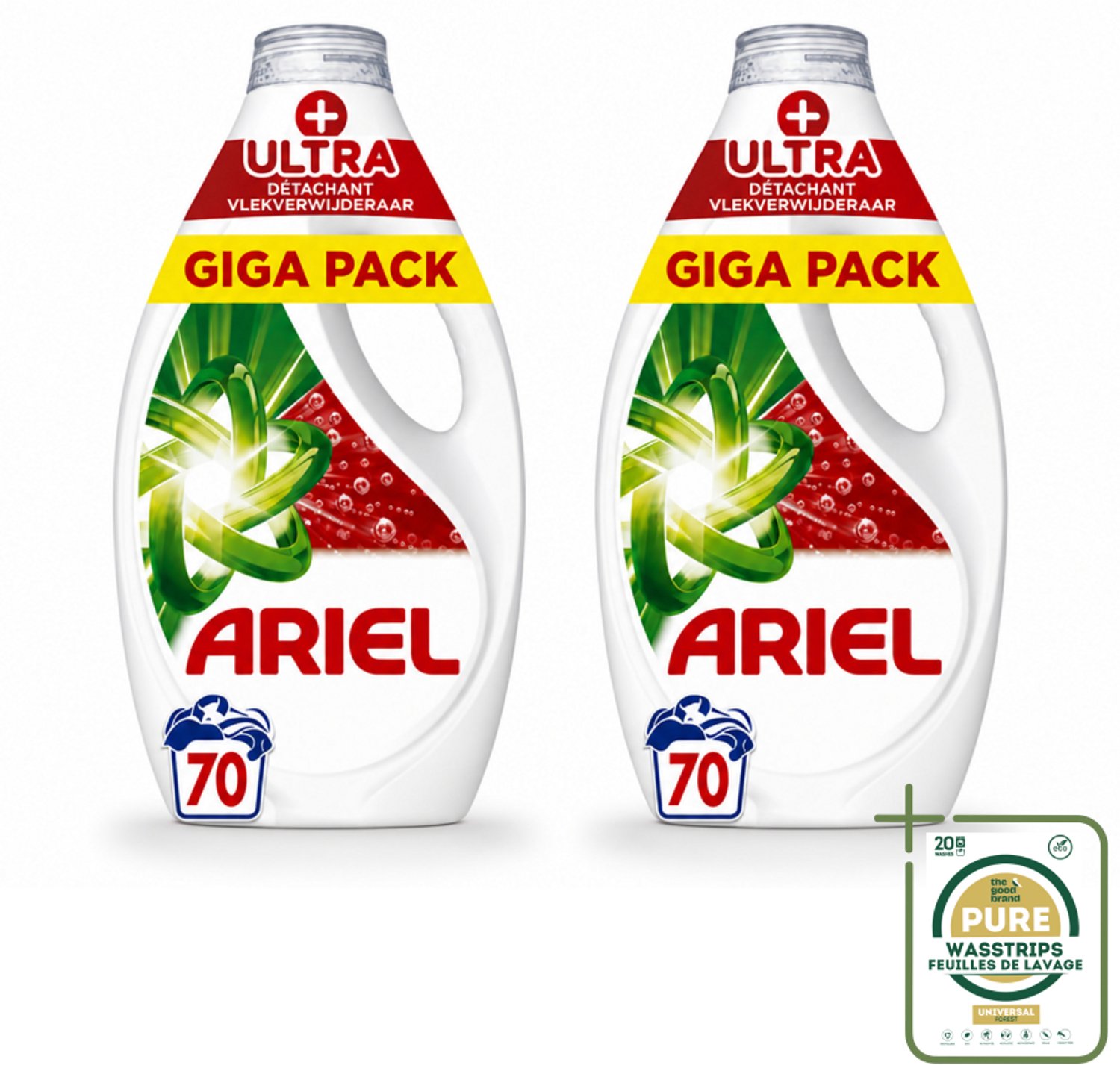 2 x Ariel - Vloeibaar Wasmiddel - +Ultra Vlekverwijderaar - 70 Wasbeurten - 3150 ml - Wasstrips - Vloeibaar Wasmiddel - Vlekverwijderaar - Hardnekkige Vlekken - Koud Was - Milieuvriendelijk Wasmiddel