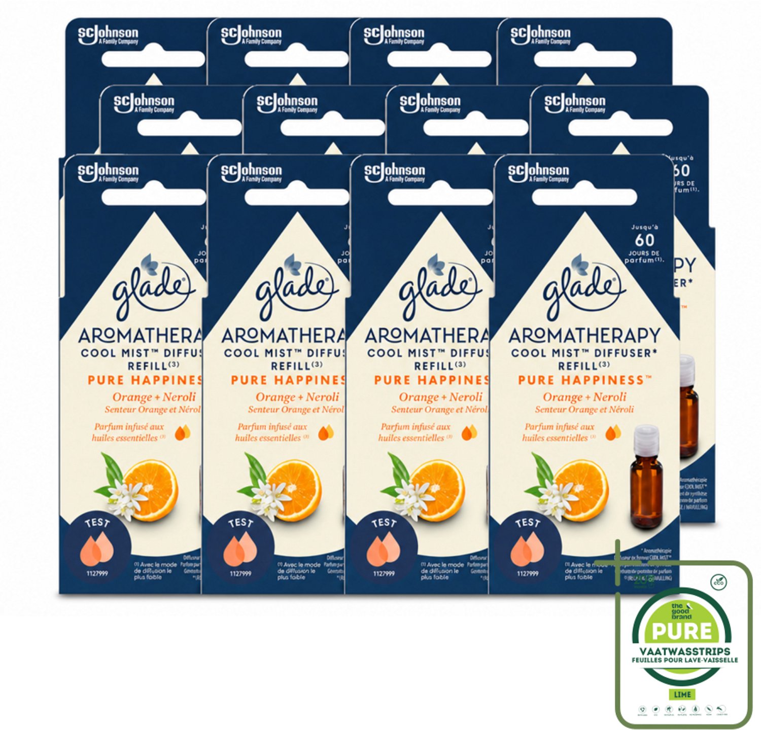 12 x Glade - Mistnavulling Pure Happiness - Aromatherapie - 17,4 ml - Grootverpakking - Vaatwasstrips - Aromatherapie - Geurverspreiding - Geurboost - Positieve Geur - Sinaasappelolie