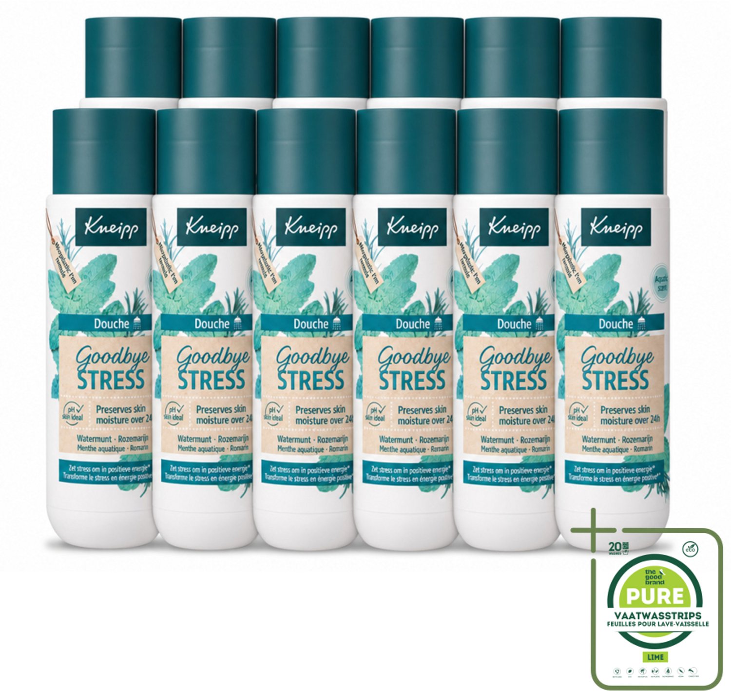 12 x Kneipp - Douchegel - Goodbye Stress - 200 ml - Grootverpakking - Vaatwasstrips - Stressverlichting - Energie - Watermunt - Rozemarijn - Douchegel