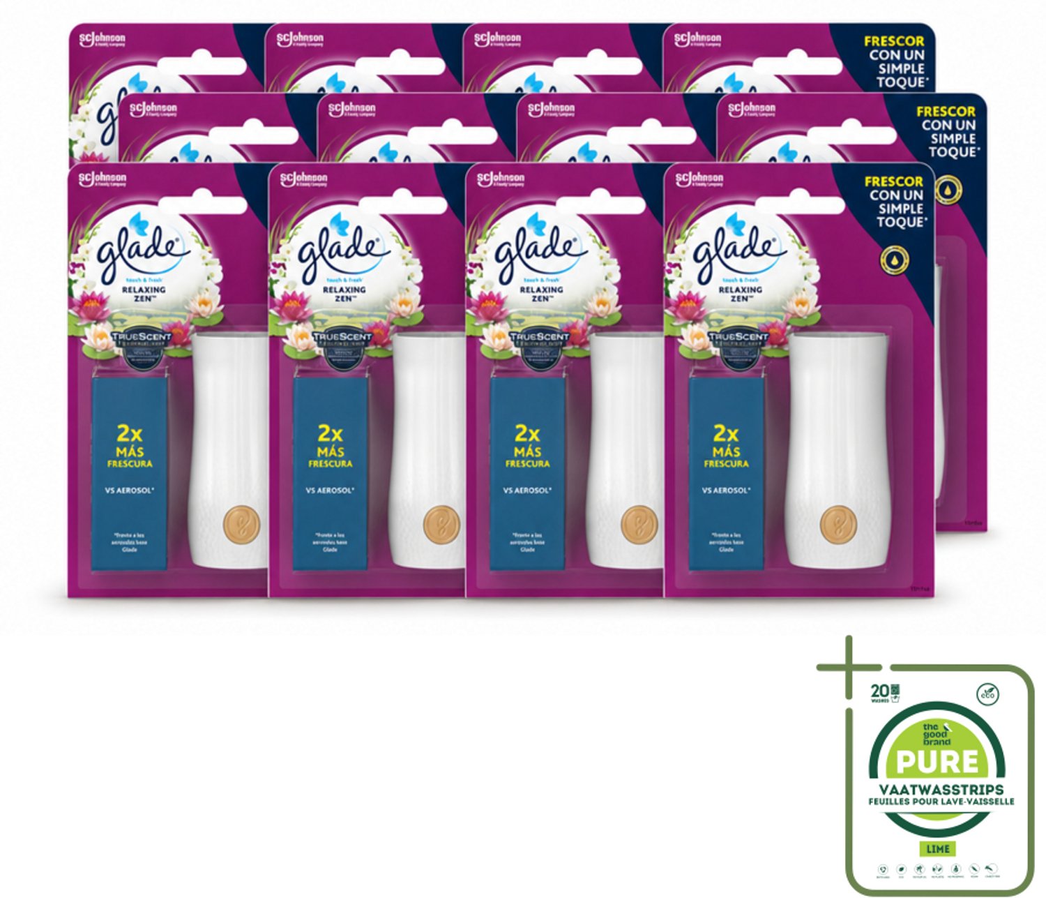 12 x Glade - Touch & Fresh - Relaxing Zen - 10 ml - Grootverpakking - Vaatwasstrips - Ontspanning - Frisse Geur - Rust - Harmonie - Geurhouders