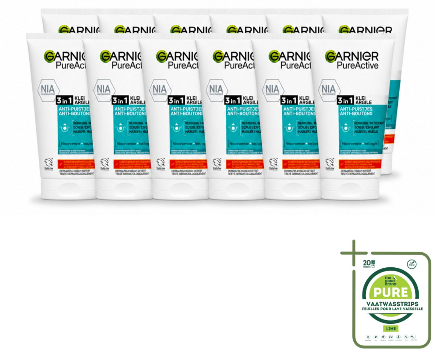 12 x Garnier - Pure Active - 3-in-1 Reiniging Scrub Masker - Tegen Puistjes & Onzuiverheden - Klei & Niacinamide - 150 ml - Grootverpakking - Vaatwasstrips - 3-in-1 Reiniging - Puistjes - Mee-eters - Huid Reinigen - Matte Huid