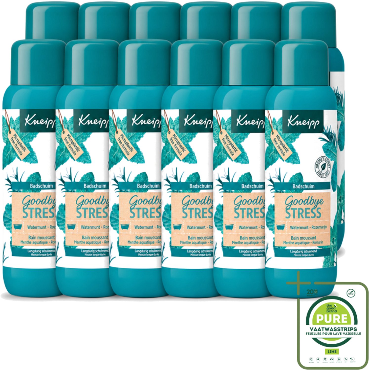 12 x Kneipp - Badschuim - Goodbye Stress - Watermunt & Rozemarijn - 400 ml - Grootverpakking - Vaatwasstrips - Stressvermindering - Badschuim - Watermunt - Rozemarijn - Ontspanning