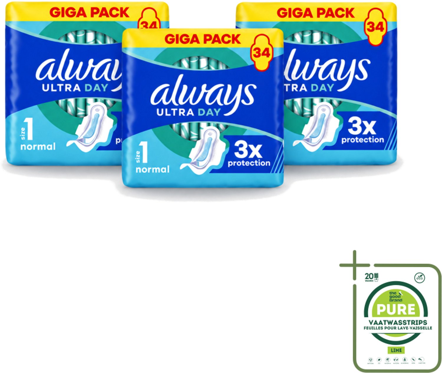 3 x Always - Maandverband - Dag - Normal - 34 Maandverband - Grootverpakking - Maandverband Dag - Maandverband - Menstruatiebescherming - Dagelijkse Bescherming - Leakproof