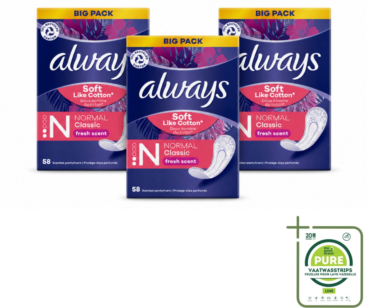 3 x Always - Inlegkruisjes - Normal - Fresh - Voordeelverpakking - Grootverpakking - Inlegkruisjes - Altijd - Frisheid - Voordeelverpakking - Ultradun