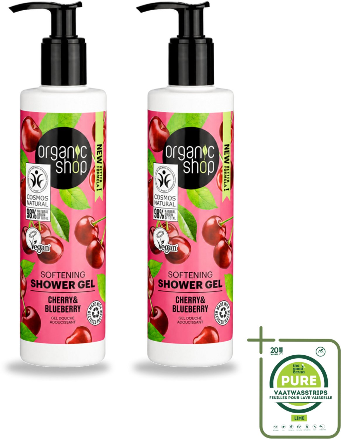2 x Organic Shop - Douchegel Cherry & Blueberry - Verfrissend en Hydraterend - 280 ml - Grootverpakking - Vaatwasstrips - Douchegel - Natuurlijke Douchegel - Biologische Douchegel - Hydraterende Douchegel - Kersenextract
