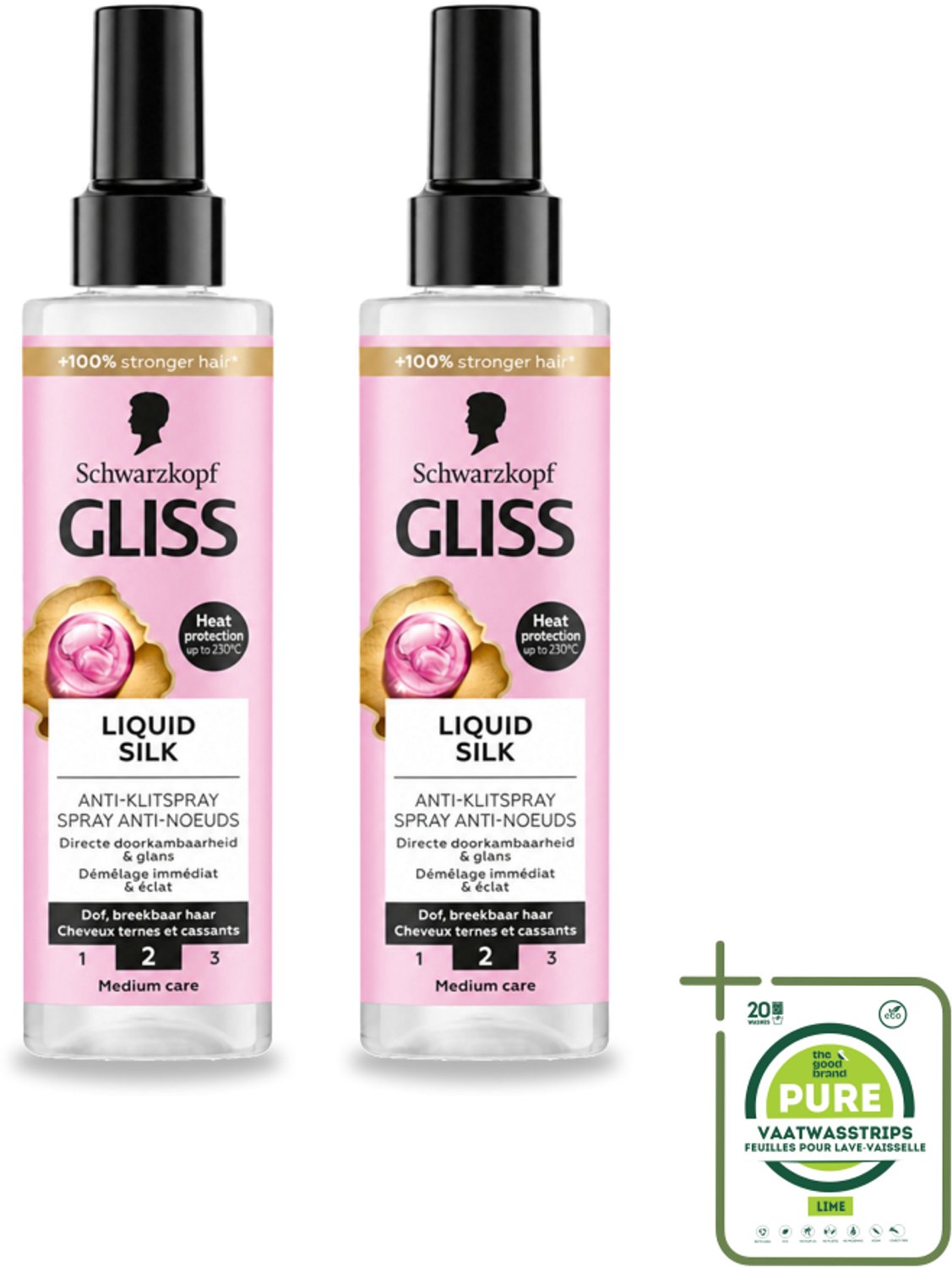 2 x Gliss - Anti-Klit Spray Liquid Silk Gloss voor Glanzend en Klitvrij Haar - 200 ml - Grootverpakking - Vaatwasstrips - Ontwarren Haar - Glansspray - Klitten Losmaken - Zijdeproteïnen - Doorkambaarheid