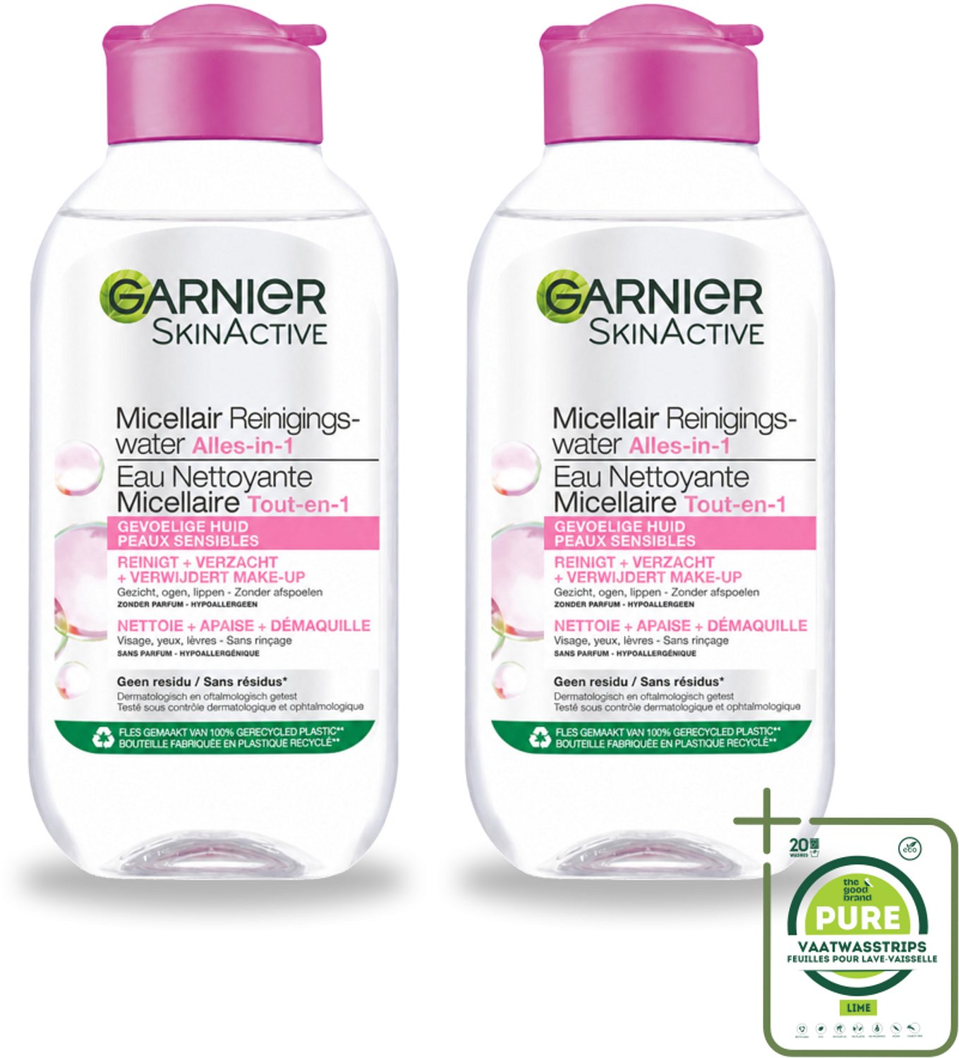 2 x Garnier - SkinActive - Micellair Reinigingswater - Gevoelige Huid - Reisformaat - 100 ml - Grootverpakking - Vaatwasstrips - Micellair Reinigingswater - Gevoelige Huid - Make-up Verwijderen - Reinigen Zonder Afspoelen - Gezichtsreiniger