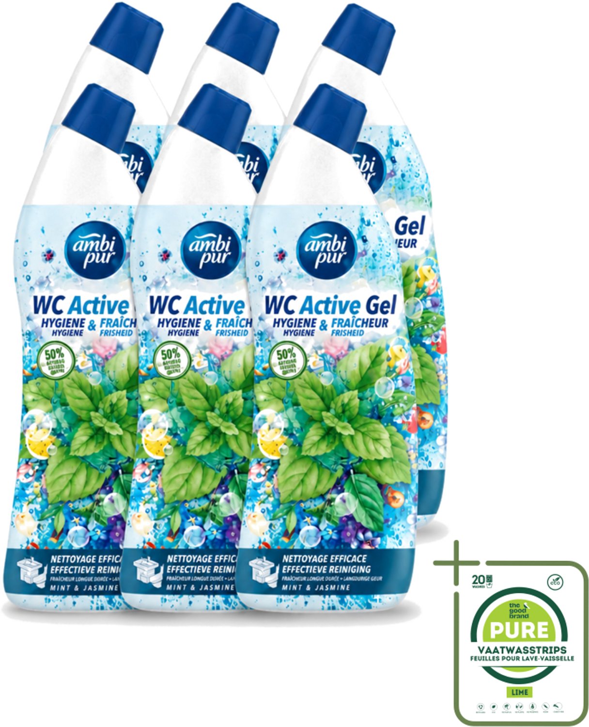 6 x Ambi Pur - Toiletreiniger - WC Active Gel - Mint & Jasmijn - 750 ml - Grootverpakking - Vaatwasstrips - Toiletreiniger - Wc Reinigen - Anti-kalk - Wc Gel - Munt En Jasmijn
